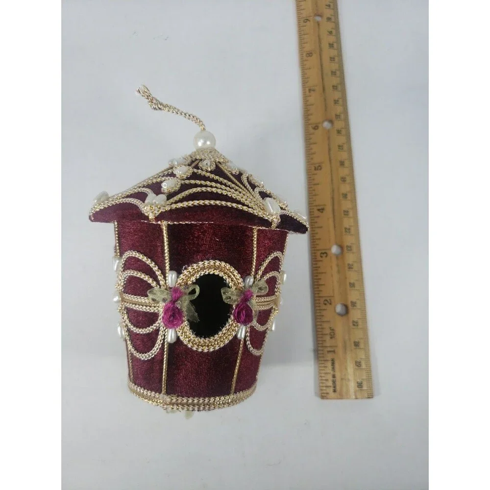 Velvet Beaded Birdhouse Ornament Maroon Christmas Made in Phillipines Excellent